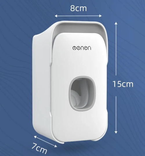 Automatic toothpaste dispenser in blue colour made from ABS plastic with a wall-mount design.