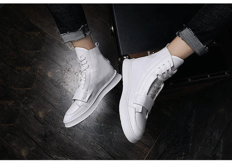 Men's black PU leather winter ankle boots in high-top sneaker style with microfibre upper