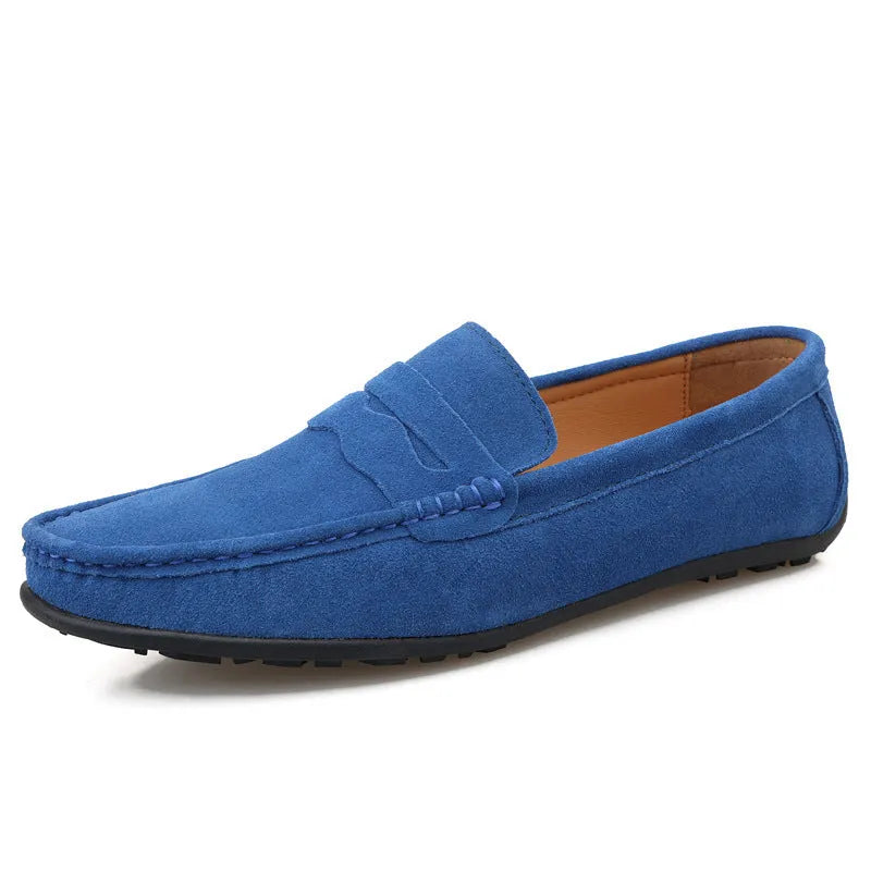Men's solid colour suede loafers with slip-on design and round toe