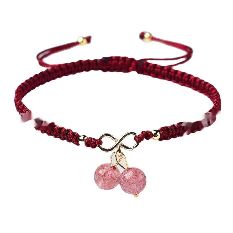 Women's adjustable natural strawberry quartz cherry bracelet with crystal beads and silver-tone magnetic clasp.