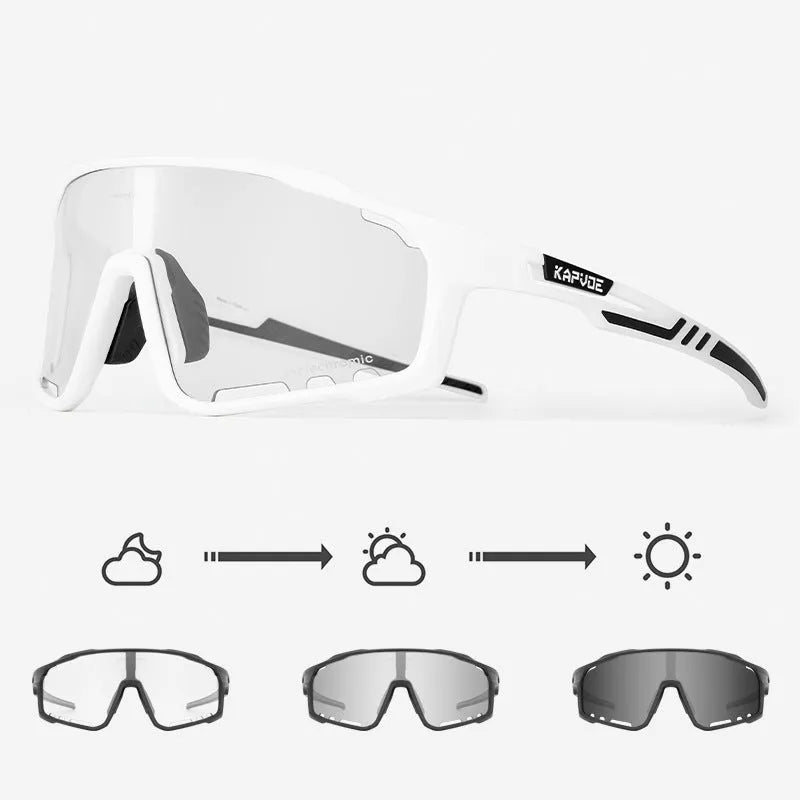Photochromic cycling sunglasses with a semi-rimless TR90 frame shown in one of fourteen colour options.