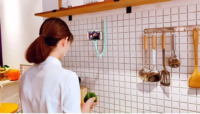 Flexible lazy bracket phone holder with suction cup mount in extended position