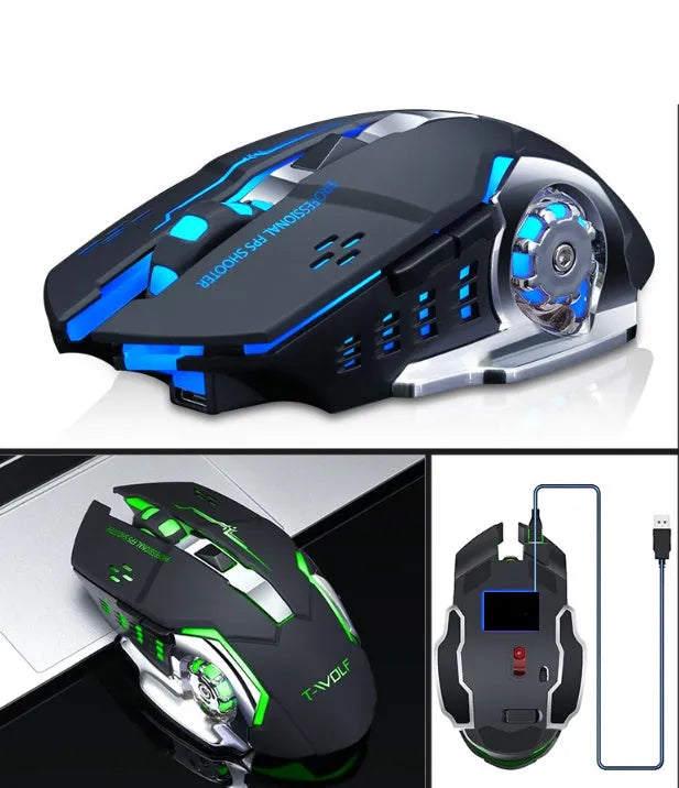 Black and white wireless mouse with USB-C port, six buttons, and silent click design.