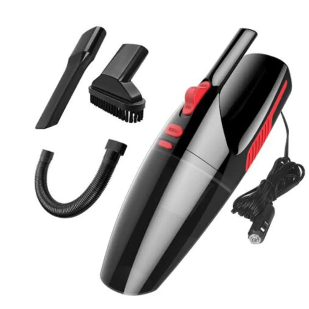 Handheld 120W car vacuum cleaner with brush and long nozzle, black wired model, on car seat