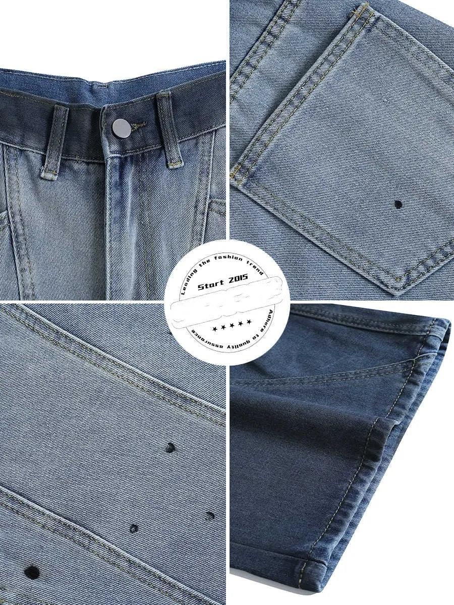 Blue tie-dye gradient washed-out cropped jeans with loose fit and worn looking finish