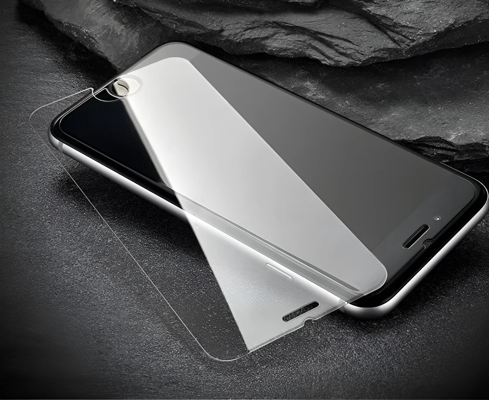 Tempered glass screen protector with 9H hardness for iPhone and Samsung phones.