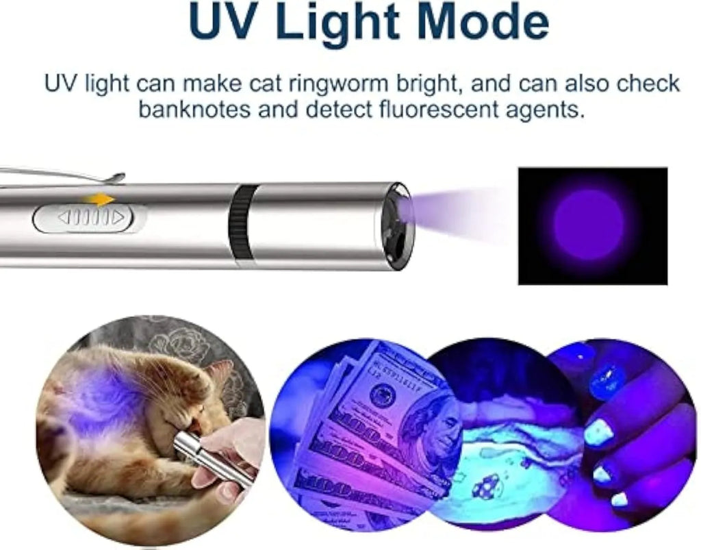 Silver aluminium cat laser toy pointer with USB charging port and pattern projection modes.