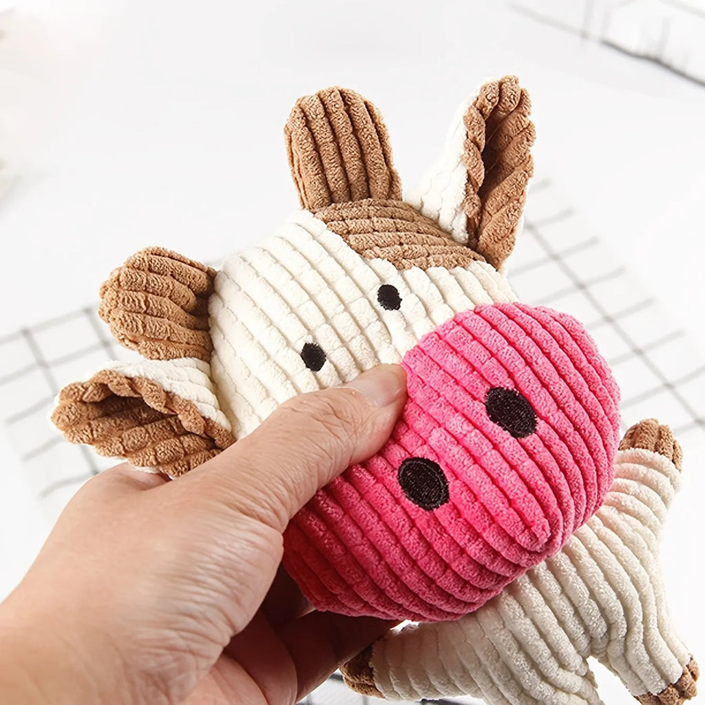 Animal shaped plush dog chew toy with squeaker in blue, brown, cow, grey, pink, white or yellow