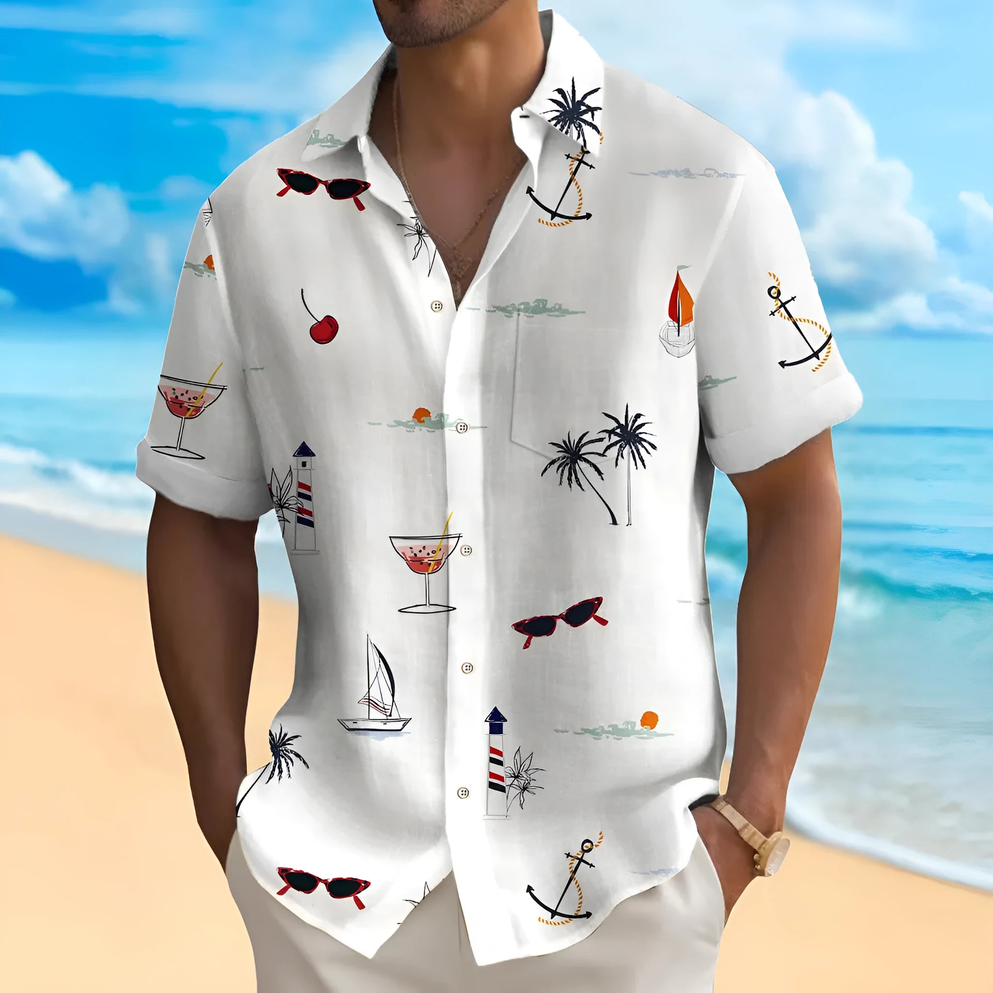 Man wearing a loose fit short sleeve Hawaiian shirt with a colourful digital print pattern.