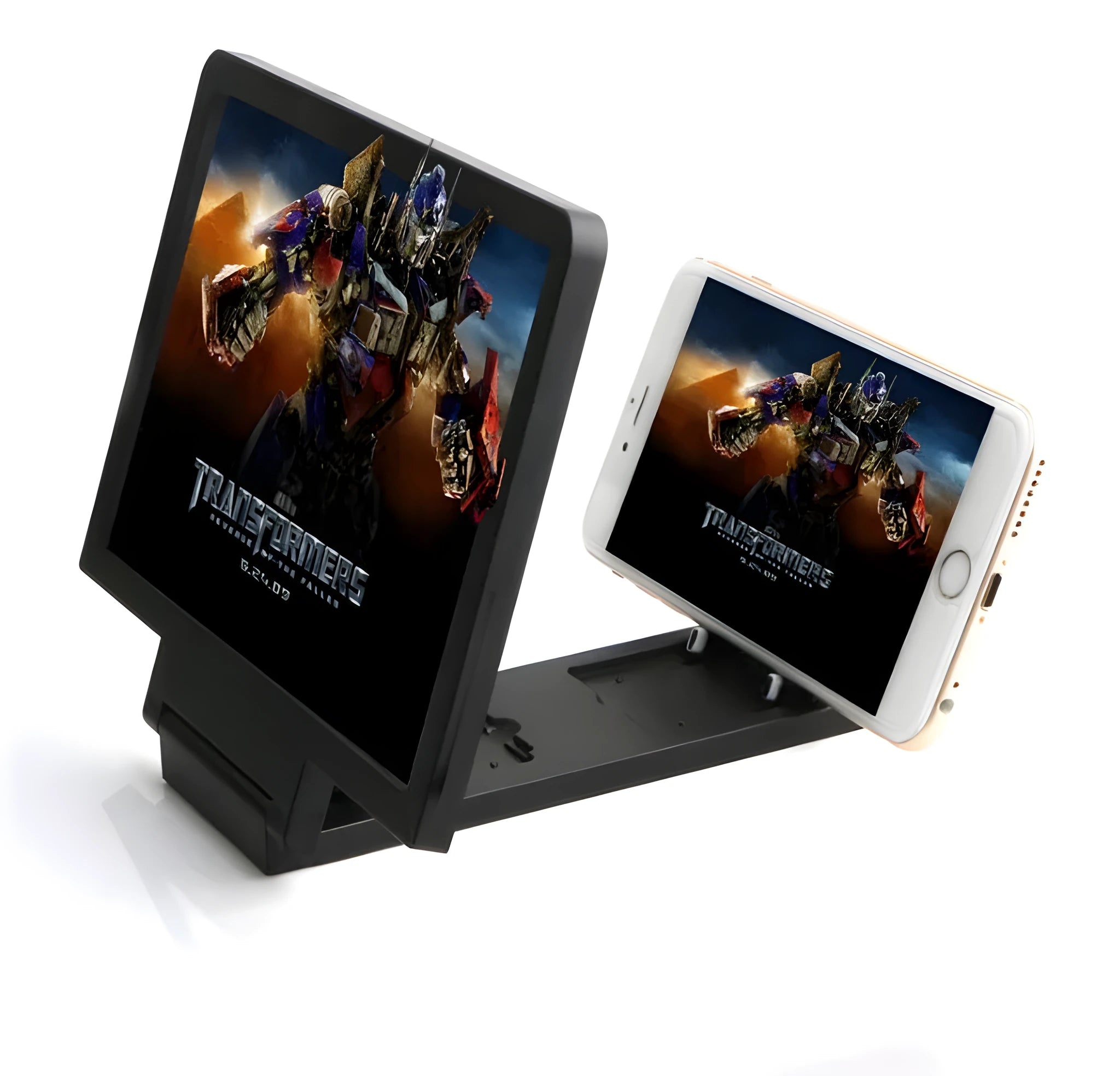 Black or white foldable mobile phone stand with radiation-proof 3D screen amplifier for hands-free viewing