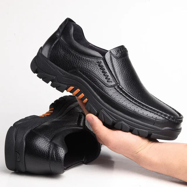 Black and brown business casual leather slip-on shoes with a soft sole and rubber outsole
