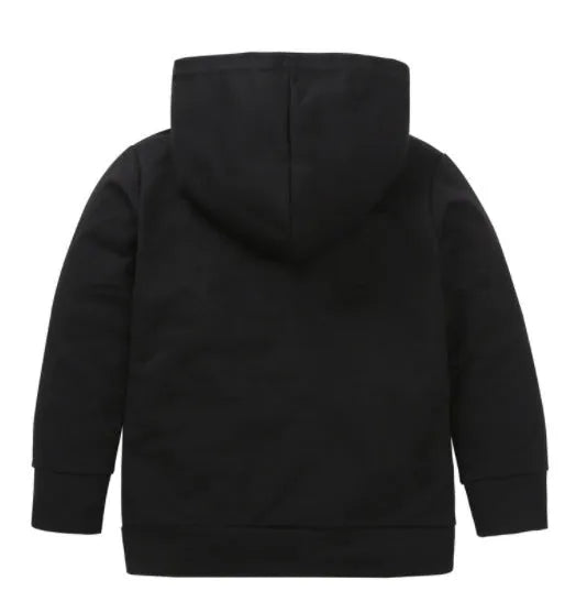 Children's hooded cotton letter top in black with long sleeves, pullover style, suitable for autumn and winter