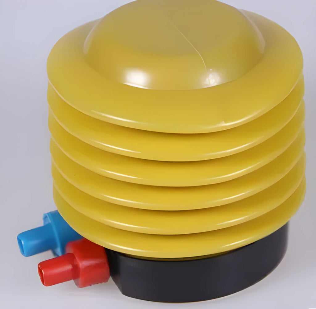 Blue and red manual pedal pump for inflating swim rings showing 4-inch diameter