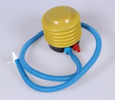 Blue and red manual pedal pump for inflating swim rings showing 4-inch diameter
