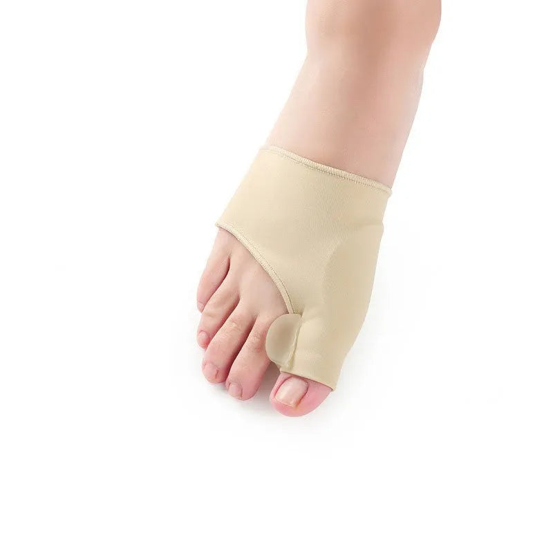 Pair of stretchable corrective socks with a visible gel bunion pad and silicone toe separator.