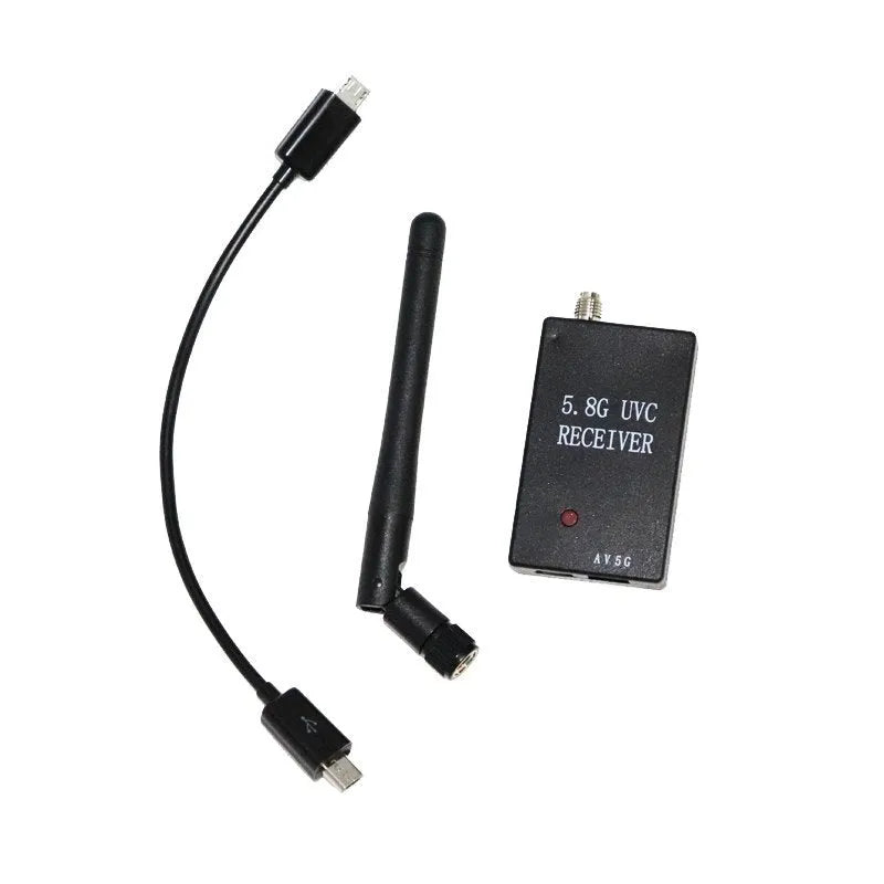 FPV Mini 5.8G OTG 150CH receiver with CNC aluminium alloy shell, RP-SMA antenna, and micro USB cable for Android smartphone