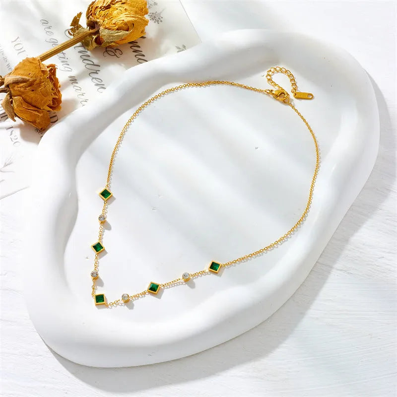 Gold titanium steel U-shaped square pendant necklace with emerald zircon on adjustable cross chain