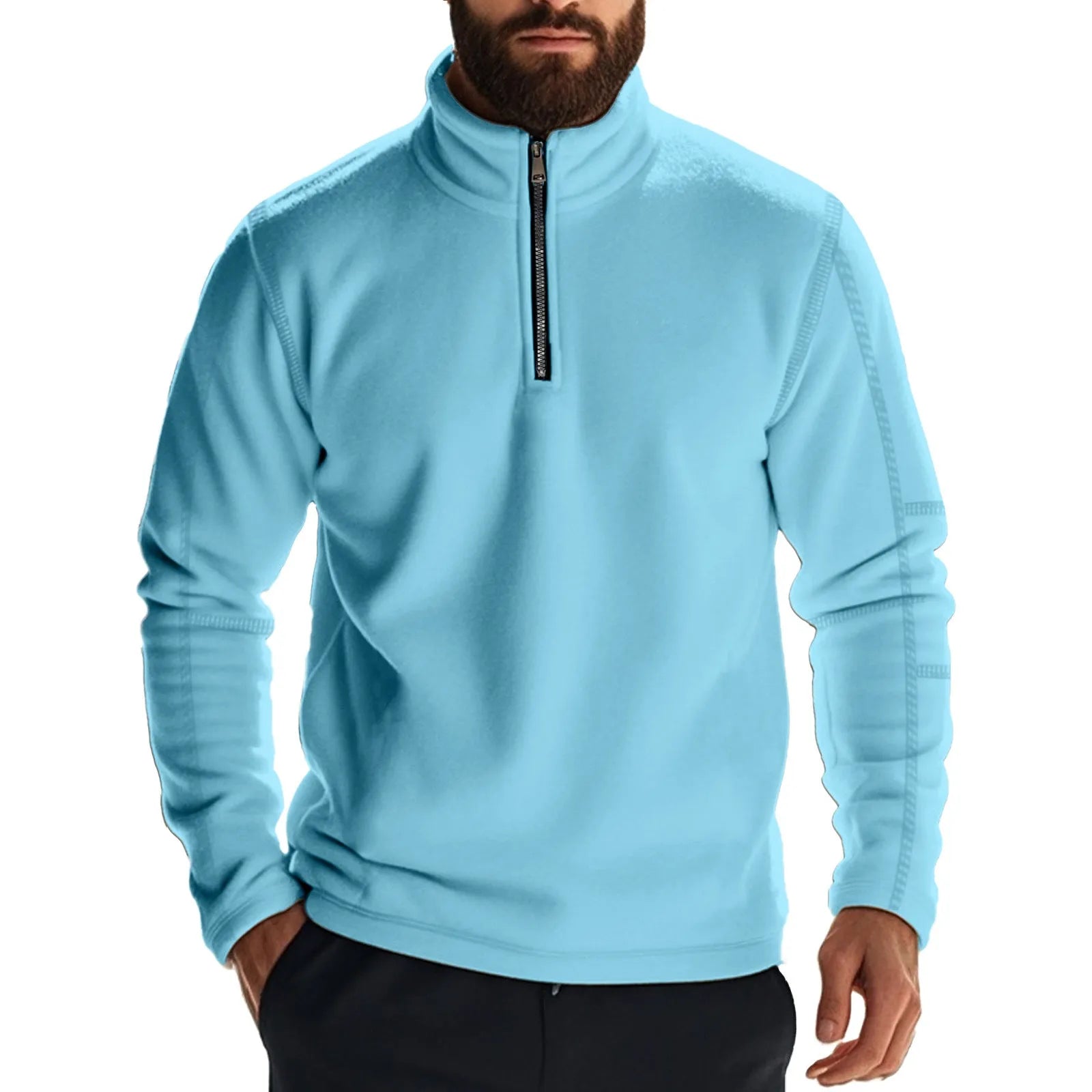 Men's fleece lined solid colour long sleeve pullover sweatshirt in light blue, front view, loose fit for casual winter wear