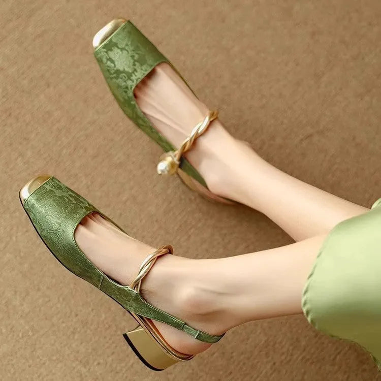 New Chinese style satin closed toe backless mid heel sandals for women in beige white