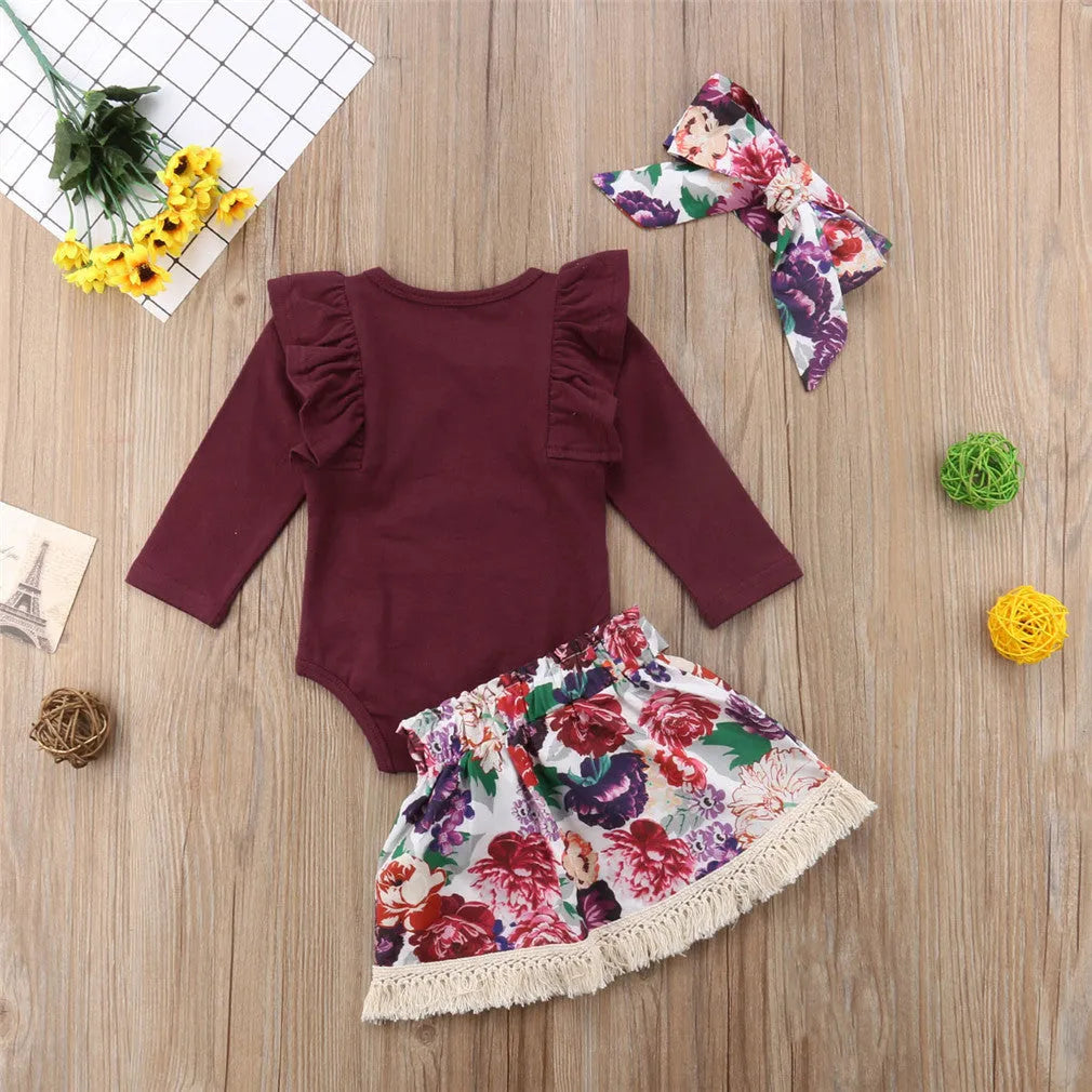 Ramia ruffle set for baby girls: long sleeve top romper, floral skirt, headband, cotton blend, sizes 70-100cm