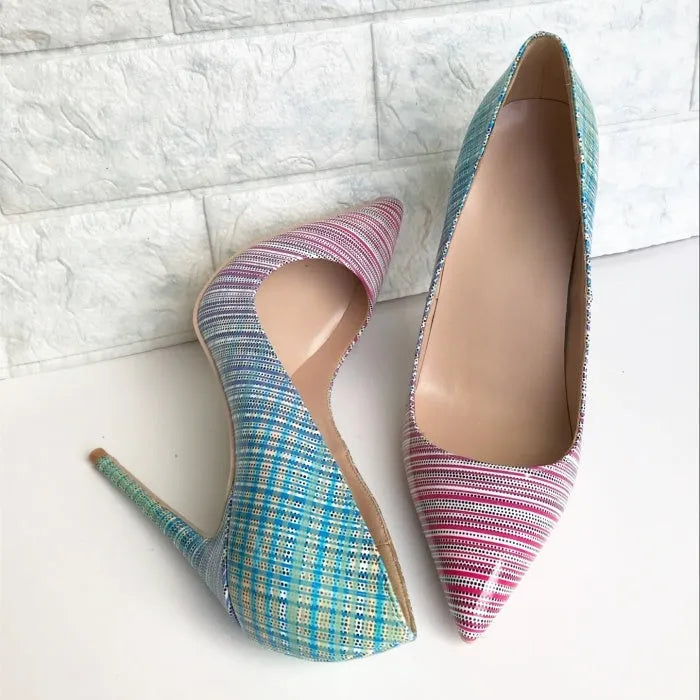 Ladies pointed toe super high heel shoes in gradient pink and blue patent leather