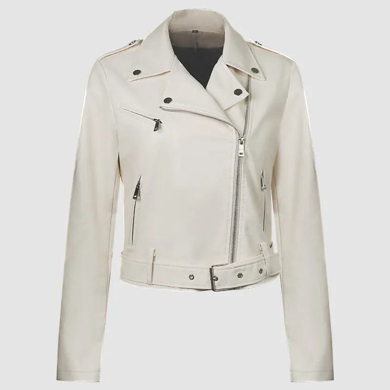 Women's black PU leather motorcycle jacket with short lapel and removable waist belt