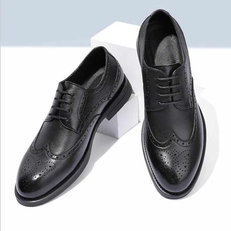Men's black and brown brogue leather shoes with classic perforated toe design for business wear
