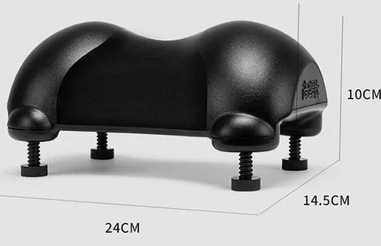 Cervical health neck pillow in black ABS plastic, 24x14.5x10cm, on a plain background