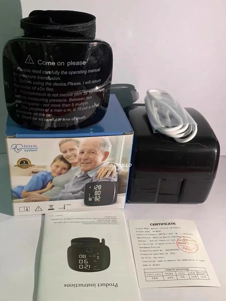 Black wrist blood pressure monitor with USB rechargeable port and multi-language voice function.