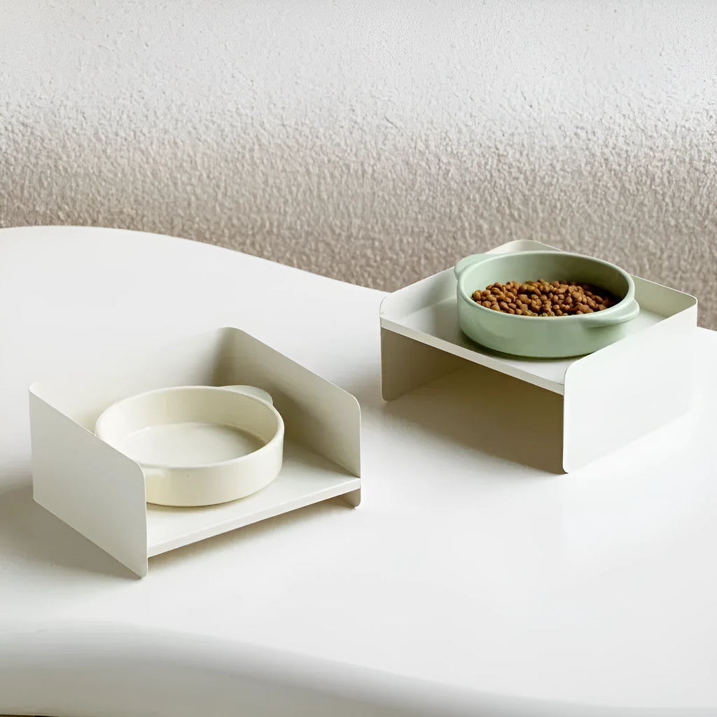 Metal cat bowl with ceramic base and high legs in green colour for cervical spine protection