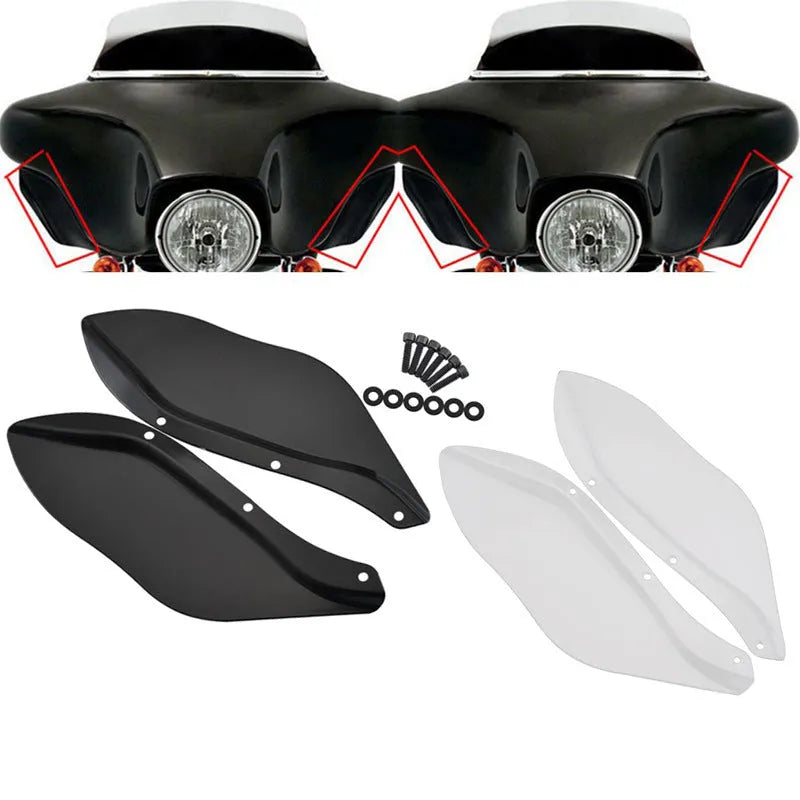 Pair of black and transparent ABS plastic side wing head covers for Harley-Davidson Touring motorcycle flank.