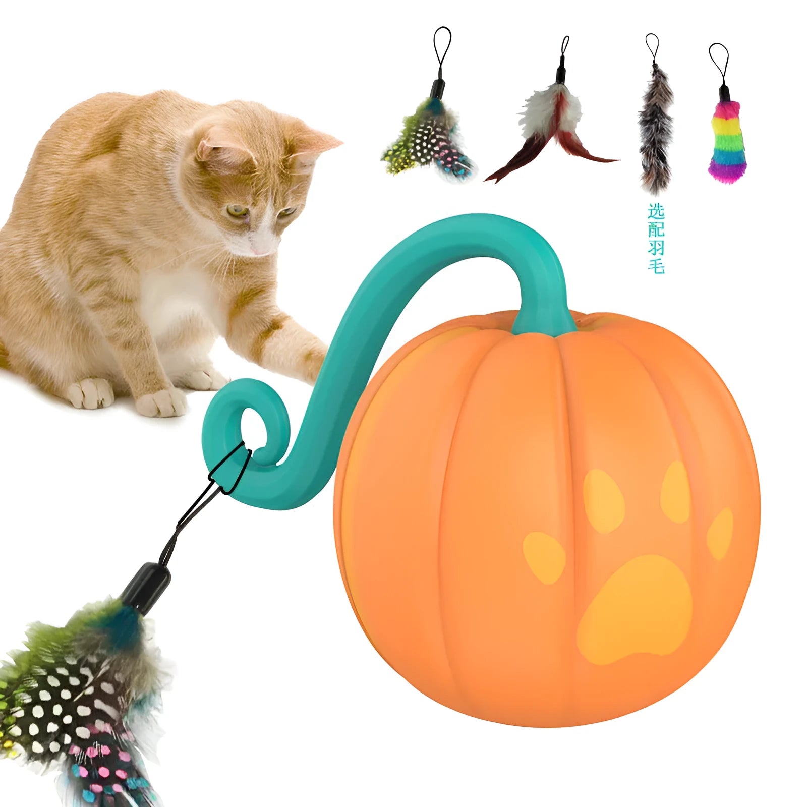 Electric cat toy ball with LED lights showing watermelon cat design and automatic bouncing movement