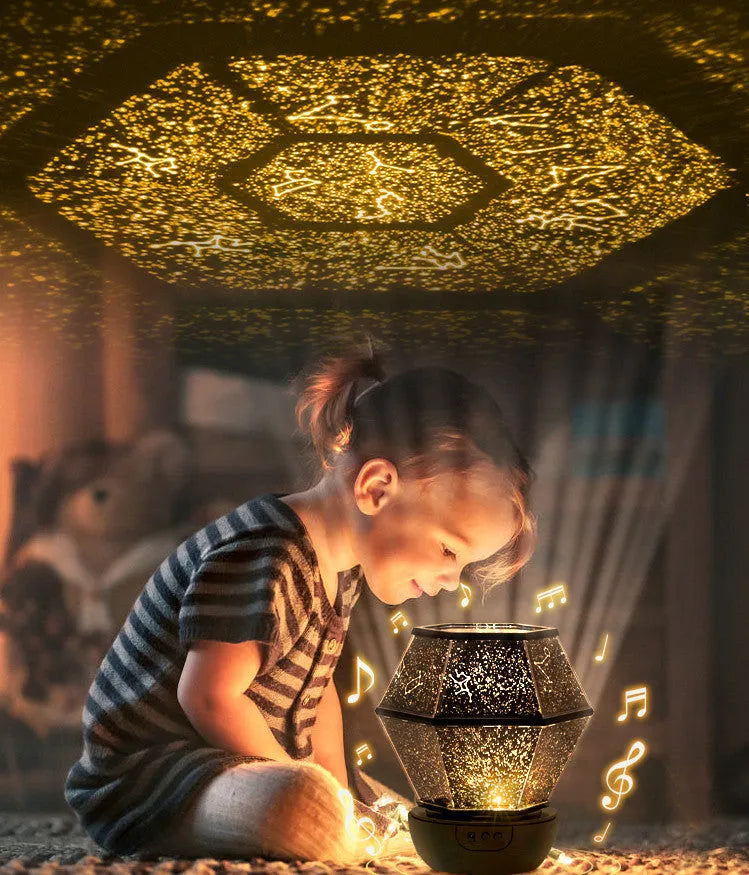 Children's rotating stars LED night light showing static and rotating three-colour mode options