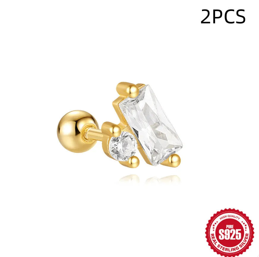Close-up of S925 sterling silver square gravel flower stud earrings with a golden electroplated finish.