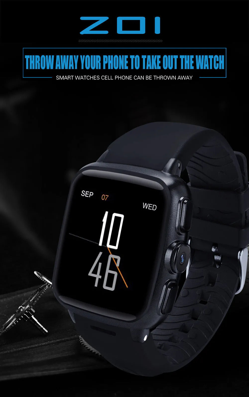 Z01 smart watch with 1.54 inch touch screen shown in black and white colour options