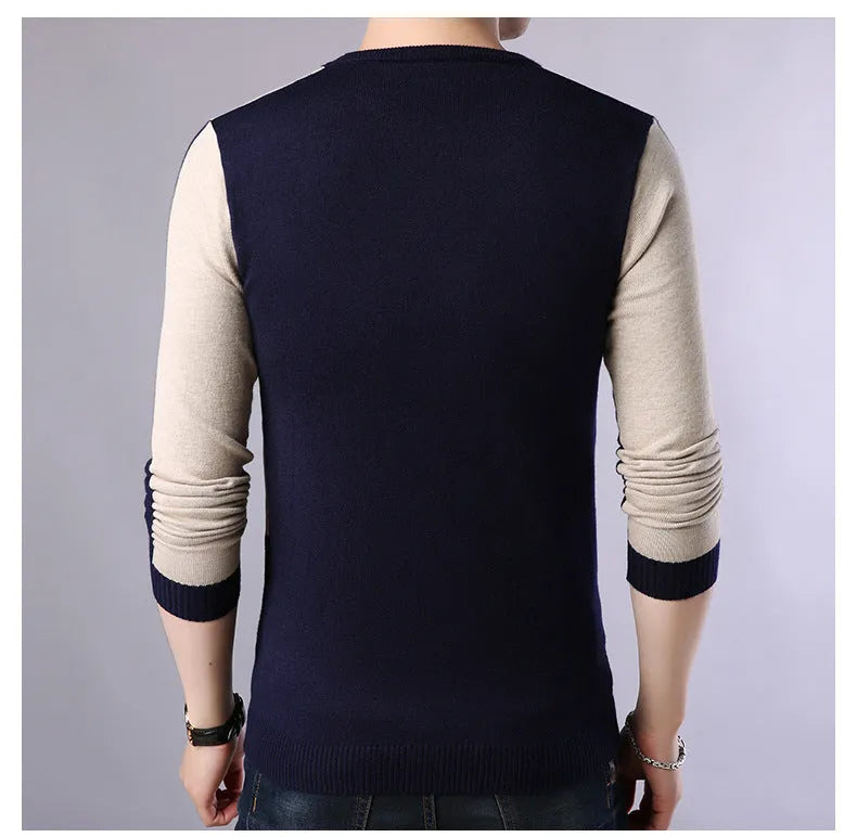 Men's wool blend crew neck pullover sweater in Black, Dark Blue, and Red colours