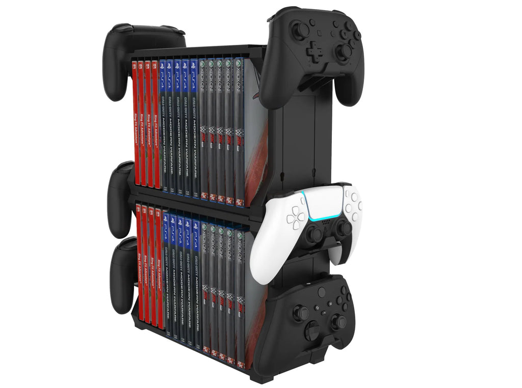 Black PS5 and Xbox Series X disc holder with controller stand organising multiple game discs