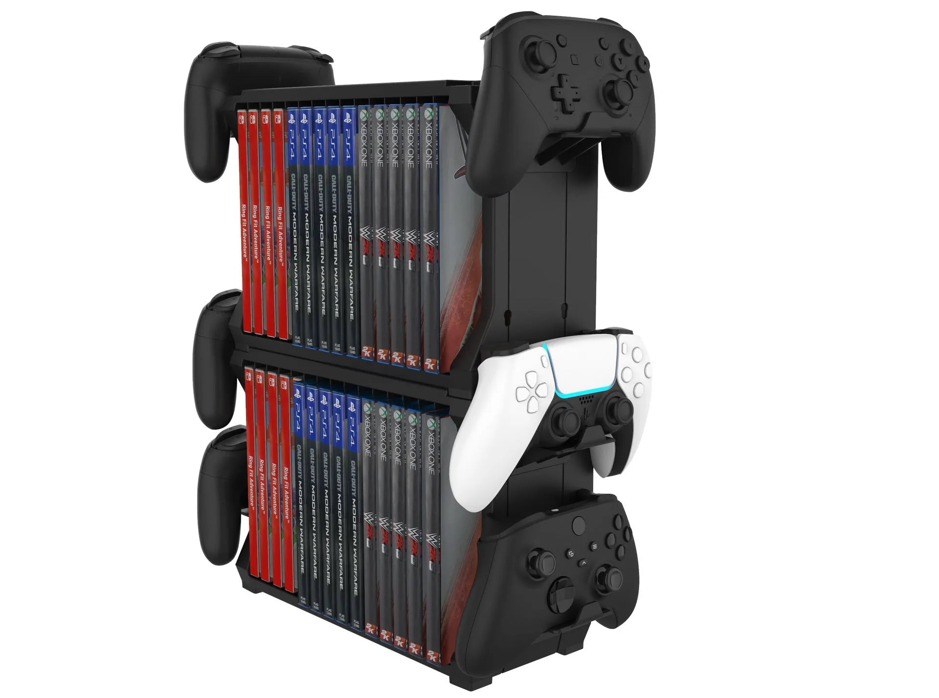 Black PS5 and Xbox Series X disc holder with controller stand organising multiple game discs
