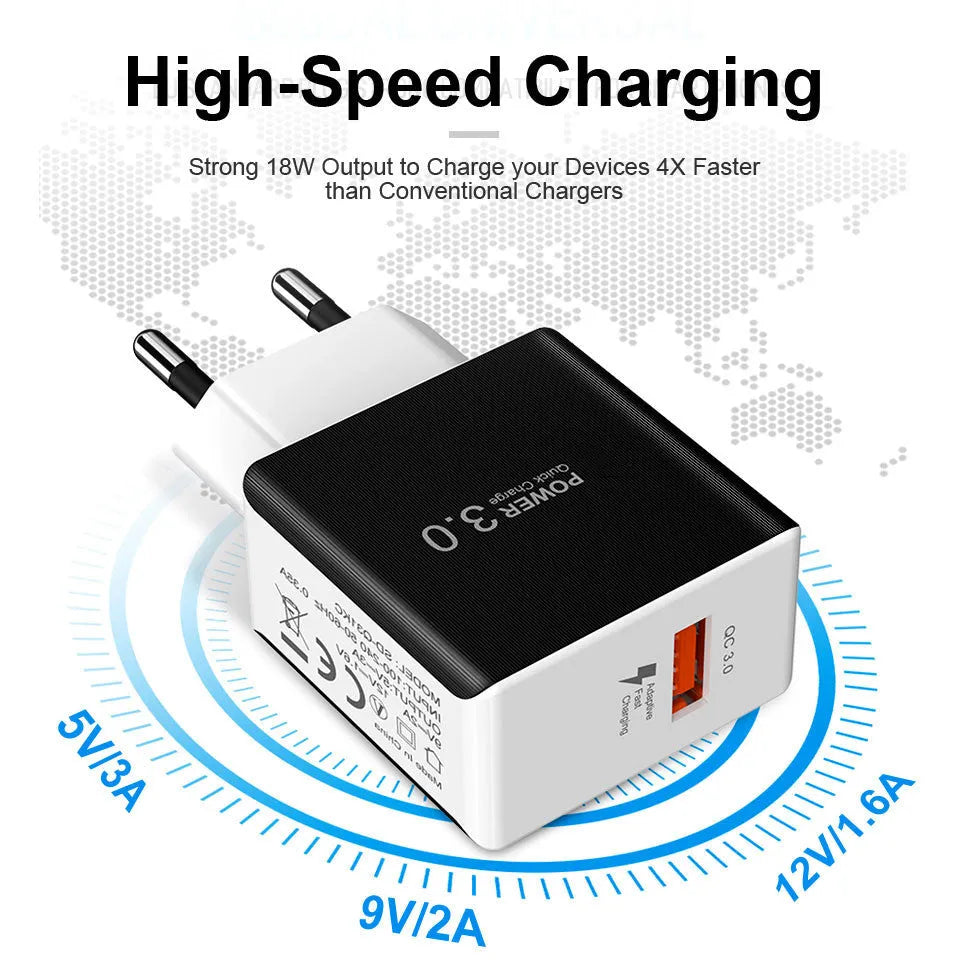 18W Quick Charge 3.0 USB wall charger EU plug in black and white finishes for smartphones