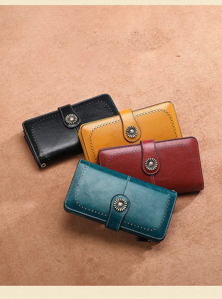 Hollow women clutch leather wallet bovine split skin zipper closure vertical square shape solid colour handbag accessory