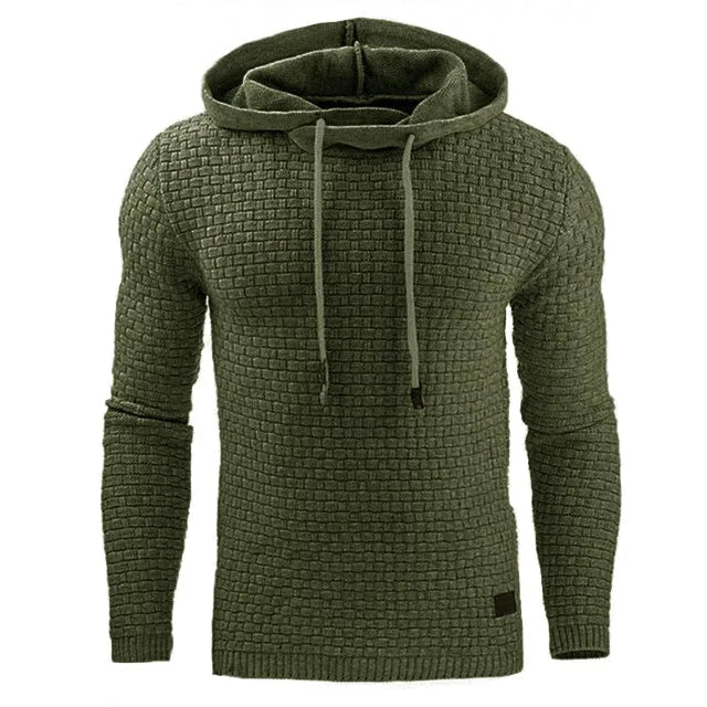 Men's black cotton-polyester blend hooded sweatshirt on a hanger, showcasing the front hood and kangaroo pocket.