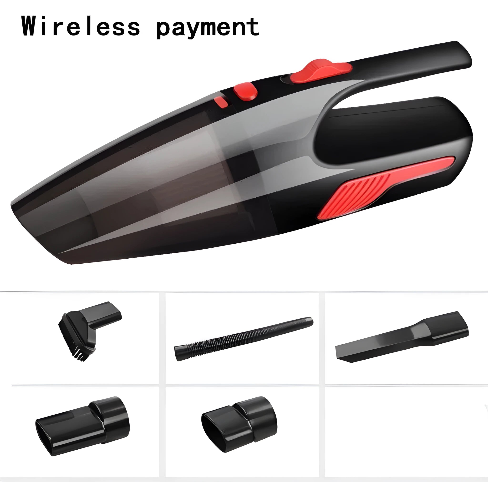 Handheld 120W car vacuum cleaner with brush and long nozzle, black wired model, on car seat