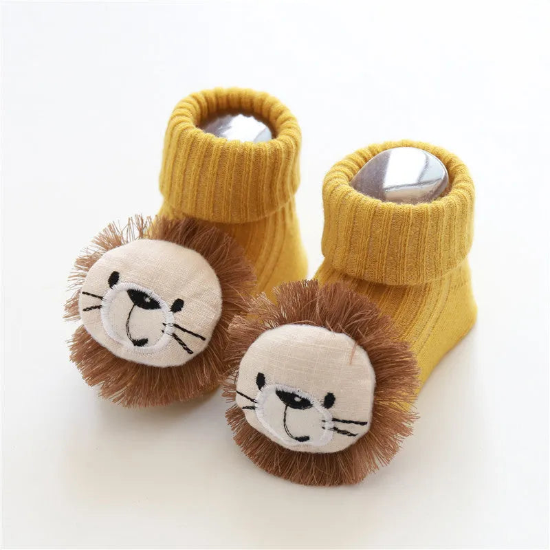 Cotton baby floor socks in various colours and patterns with size guide for ages 0-3 months