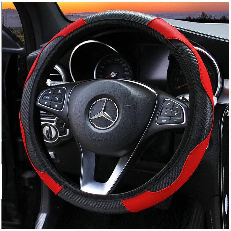 Carbon fiber sports steering wheel cover in black with red stitching, 37-38cm universal fit for cars