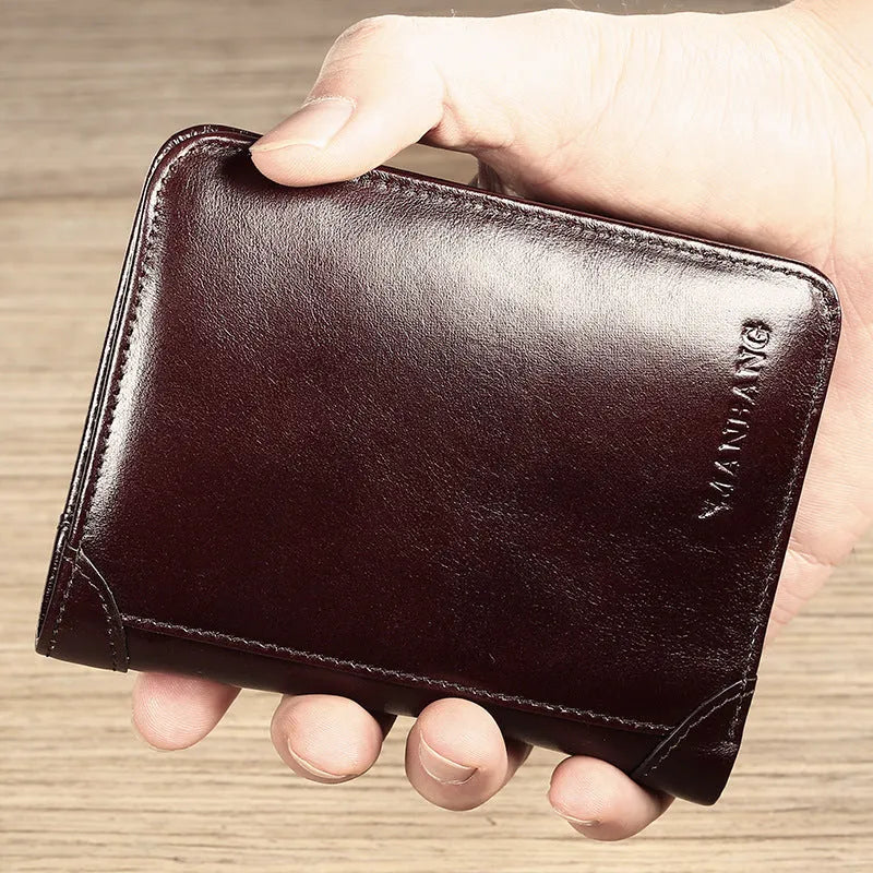 Men's leather wallet showing internal compartments for banknotes, cards, coins, and documents