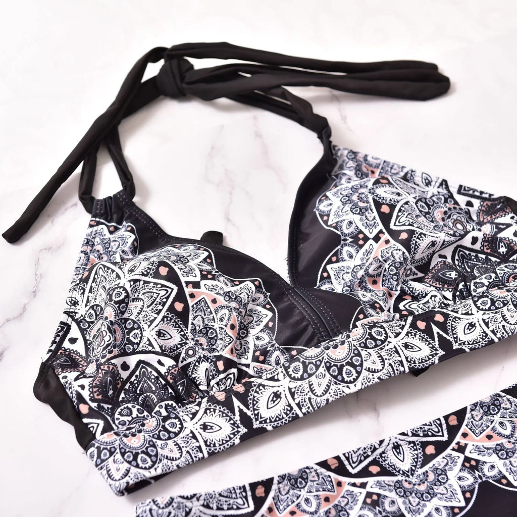 Printed split bikini in black, nylon fabric with high elasticity, quick-drying and tight fit with removable pads, sizes XL-5XL