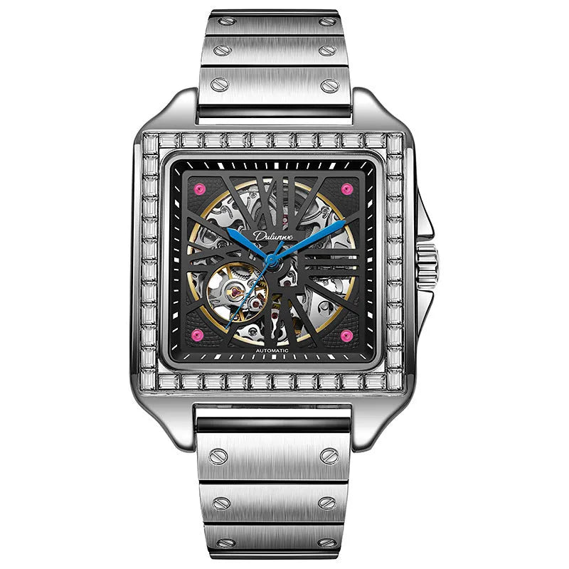 Men's automatic watch with square diamond-studded case and stainless steel bracelet