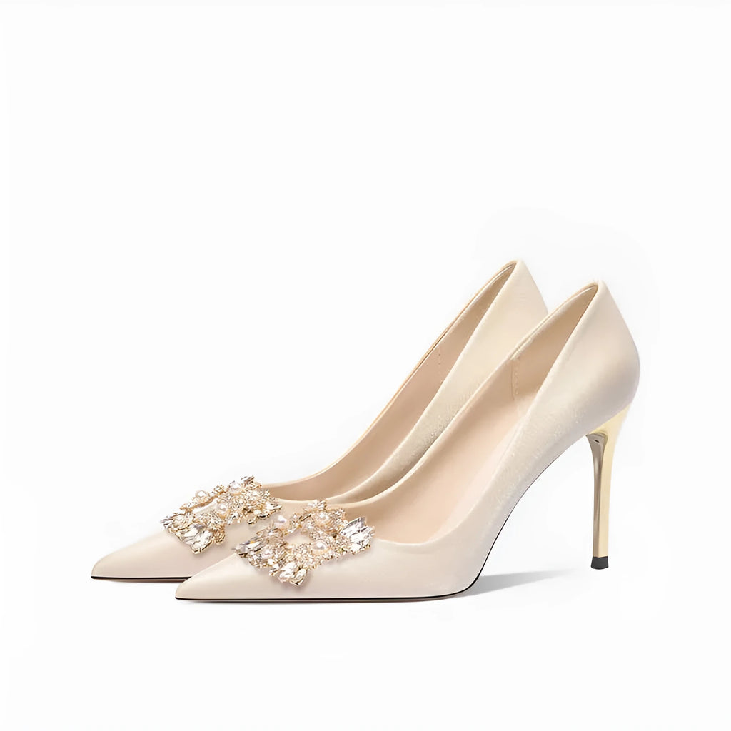 Crystal-embellished bridal high heels with pointed toe, available in stiletto or cat heel styles.