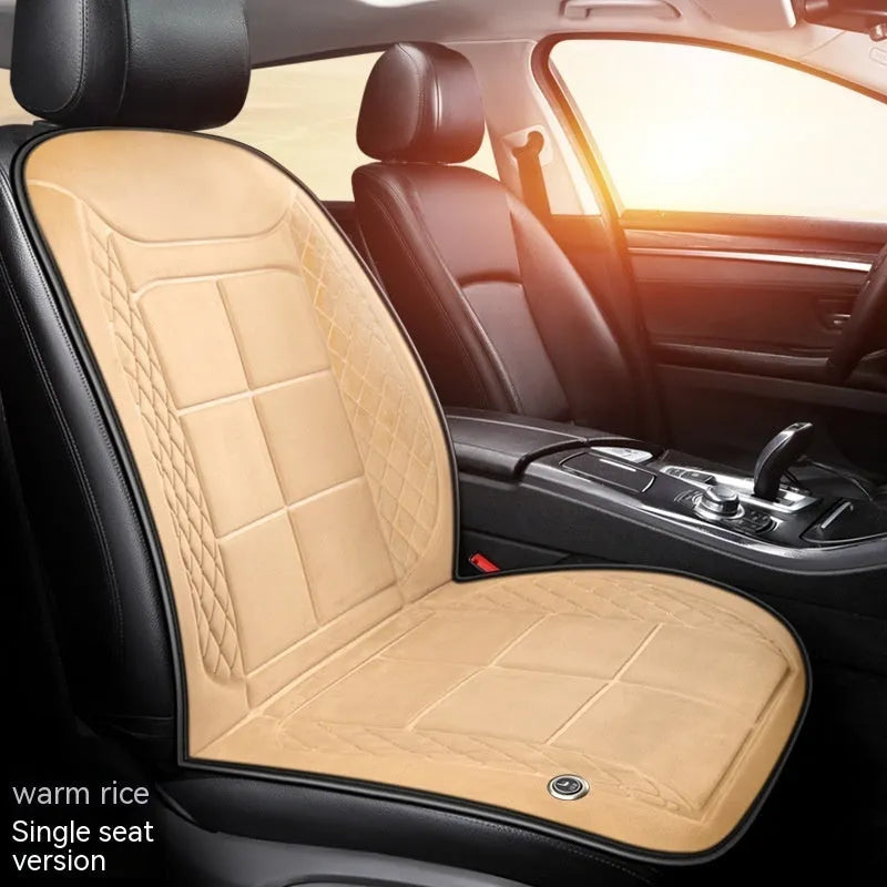 Auto heating car seat cushion with cotton filler shown in beige colour on vehicle seat