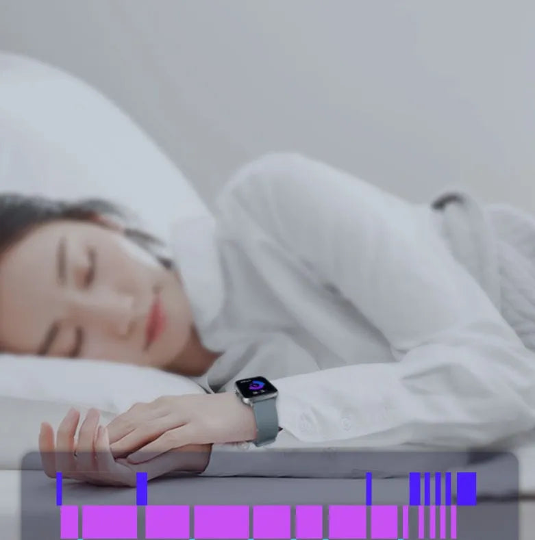 Blue smart sports watch with 1.7-inch colour touch screen on adjustable strap showing fitness data interface.